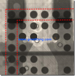 BGA錫球尺寸小于0.4mm，采用降低BGA內(nèi)圍襲球的錫膏量所得到X-Ray，稍微留意一下可以發(fā)現(xiàn)最外圈的錫量(圓的直徑)比其他內(nèi)圍的錫球上的錫量來得多一點點。也就是外圈的黑色圓形直徑比內(nèi)圈的圓形來得大一點點。