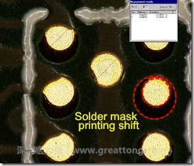 電路板BGA下面的防焊層印刷偏移，造成焊墊大小不一致。