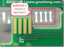 這個(gè)HotBar(熱壓熔錫焊接)吃錫的設(shè)計(jì)已經(jīng)對了一半，在印刷錫膏的時(shí)候在焊墊的中間位置減少錫膏，如果治具的設(shè)定正確的話，熱壓頭(thermode)要壓在焊墊中間的位置，焊錫的印出來結(jié)果如下面右圖所示。