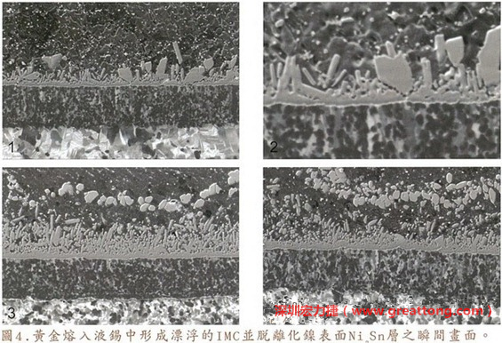 下面四張圖片為放大4500倍的SEM圖像，說明在回流焊爐熱量不足的情況下，黃金成份正要從鎳層分離融入焊錫之中的瞬間，當(dāng)零件遭受外力沖擊的時候就極有可能從這一整排AuSn、、AuSn2或AuSn4的IMC處裂開。