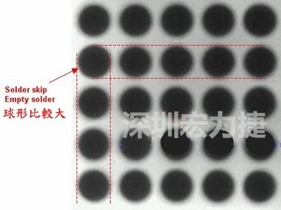 現(xiàn)在我畫幾條直線你再看看是否有發(fā)現(xiàn)那一顆BGA的錫球比較大，有空焊的可能？