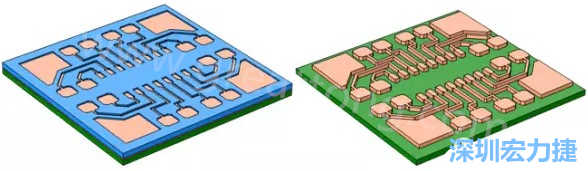 銅被電鍍在導電種子層之上，從而填滿了PCB板上的圖形化光刻膠腔體(左)。清除光刻膠，蝕刻暴露出的種子層以分隔開不同的銅線(右)-深圳宏力捷