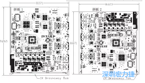 如圖7所示是使用不同數(shù)量邊條的拼板，拼板1僅使用了一個邊條，直接利用PCB另一邊作為SMT工藝傳送邊，并且PCB圖形中有合適的安裝孔；而拼板2則是按常規(guī)設(shè)計了兩個邊條。拼板方式為連接筋。圖中“Breakaway Tab”指邊條-深圳宏力捷