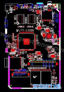 上圖是一個開發(fā)板的PCB，從布局中可以看出各個接口電路分離很明確，SDRAM和DDR以及SD卡接口電路等走線不會造成相互的干擾。-深圳宏力捷