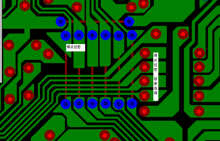 PCB設(shè)計(jì)焊點(diǎn)過(guò)密，易造成波峰連焊，焊點(diǎn)間漏電