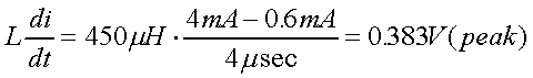 舉例來說，一個閘在"ON"而載有4mA的電流時，突然開關(guān)切到"OFF"且現(xiàn)在載有0.6mA的電流，假設(shè)開關(guān)時間為4msec，載有450mH的電感信號的導(dǎo)體，此時所產(chǎn)生的電壓突波為