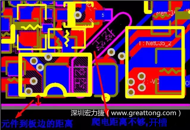 如果碰到模塊PCB空間有限，爬電距離不夠，可以采用開槽的方式