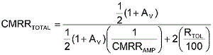 方程式1是從理想運算放大器的CMRR等式中匯出，其中CMRRAMP被假定為非常大(無窮大)。