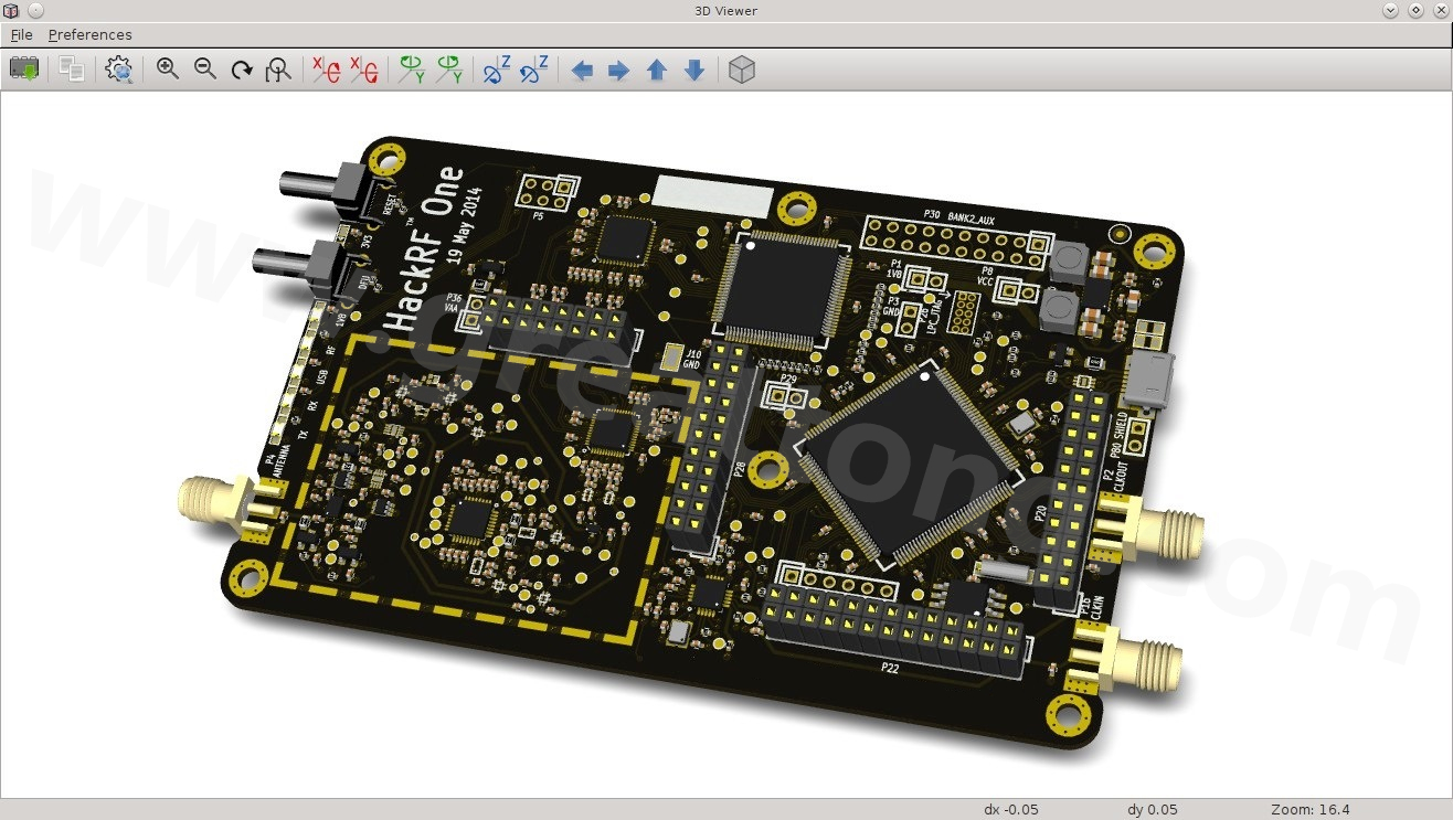 經(jīng)KiCad軟體3D功能渲染過的HackRF One電路板。