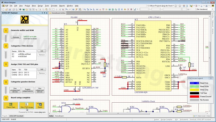 XJTAG DFT Assistant的Access Viewer模式可以清楚地顯示可用的測(cè)試存取層級(jí)，讓電路板設(shè)計(jì)人員在展開PCB布局以前的原理圖擷取階段盡可能地提高測(cè)試存取能力