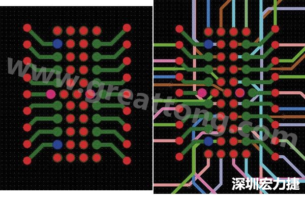 圖7：焊盤(pán)內(nèi)過(guò)孔用于內(nèi)部，而外部接腳在0.5mm閘格上扇出。圖7a顯示的是頂層(左)；圖7b顯示頂層和內(nèi)部布線層(右)。