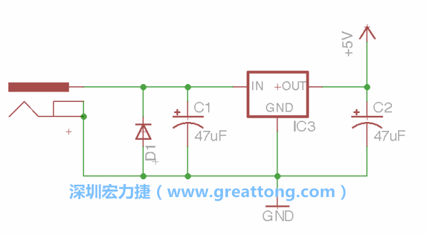 新增RBBB→Power_Jack，將它放在電壓調(diào)整器的輸入端旁邊。