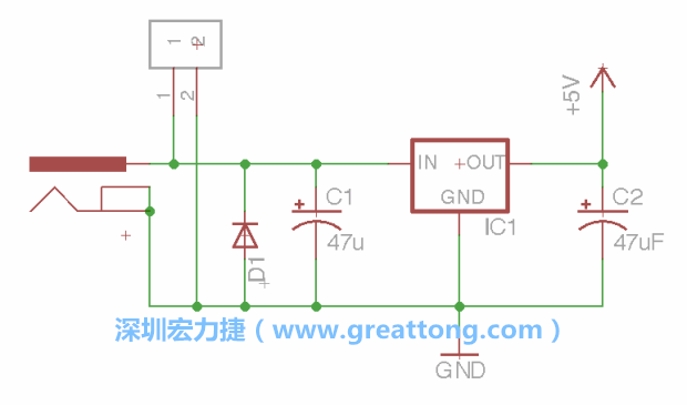 2.5.    新增一個(gè)二極體，它會(huì)以水平的狀態(tài)出現(xiàn)在屏幕上，請(qǐng)使用「旋轉(zhuǎn)（Rotate）」工具把它負(fù)極那一面朝上，并且用「網(wǎng)絡(luò)連接」工具將它連接在電壓調(diào)整器的輸入端和接地端之間。