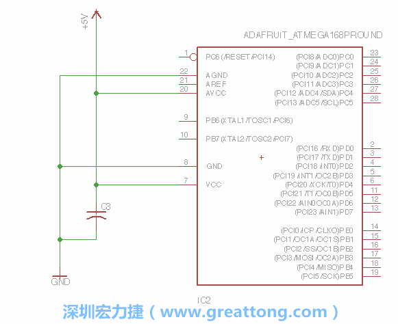 3.1.    新增微控制器晶片（RBBB → ATmega），把它放在電路原理圖的中央附近，把它的兩個接地接頭連接到接地訊號端。