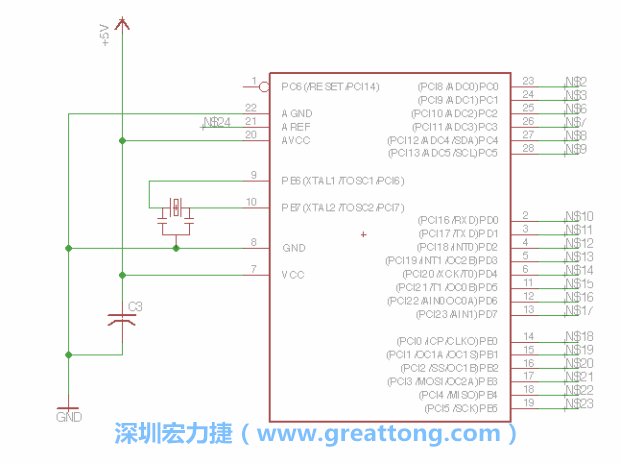 3.3.    將共鳴器（resonator）放置在針腳9和針腳10附近，將它的三個針腳連接如圖所示，并確認最中間的針腳有連到接地端。