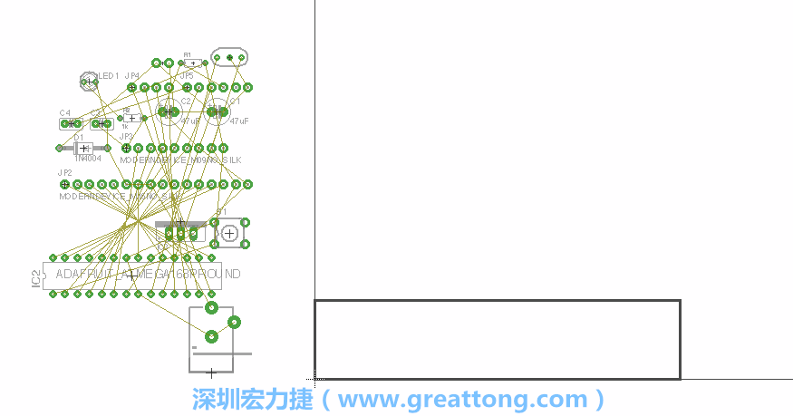 第一次執(zhí)行布線編輯器時，你會發(fā)現(xiàn)有兩個區(qū)塊，左邊的區(qū)塊非?；靵y，而右邊的區(qū)塊則是一個長方形的工作區(qū)域，EAGLE免費版會限制你的工作區(qū)域在4” x 3.2”的范圍內(nèi)，如果你試圖將元件擺放在工作區(qū)外的話，就會跳出警示訊息。