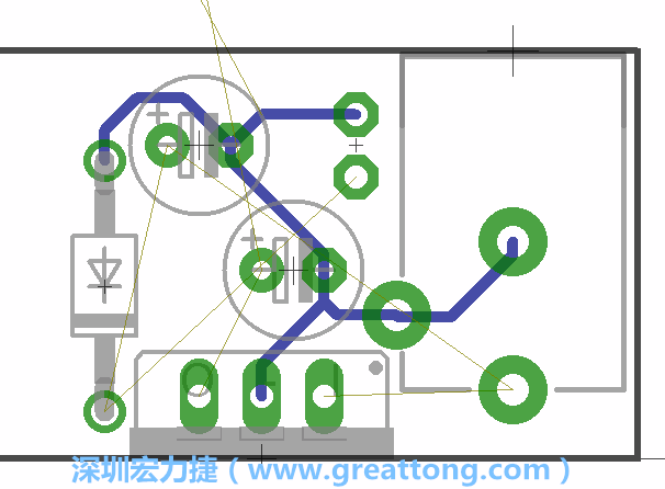 當(dāng)你在擺放元件時，要注意元件間的連結(jié)關(guān)系使用「旋轉(zhuǎn)（Rotate）」工具來讓連結(jié)點更接近、更容易布線。舉例來說，我們可以將這邊的二極體轉(zhuǎn)一個方向來縮短和47μF電容間的連結(jié)距離。