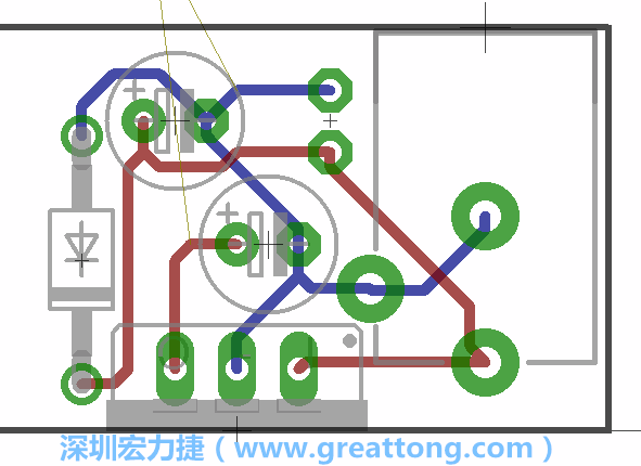 接地連結(jié)點的布線情形如下圖所示，利用這個練習(xí)來避免電路連線銳角化的產(chǎn)生是一個不錯的選擇，你可以在工具列中的彎曲線路（Wire Bend）選項里改變各種布線的變化。