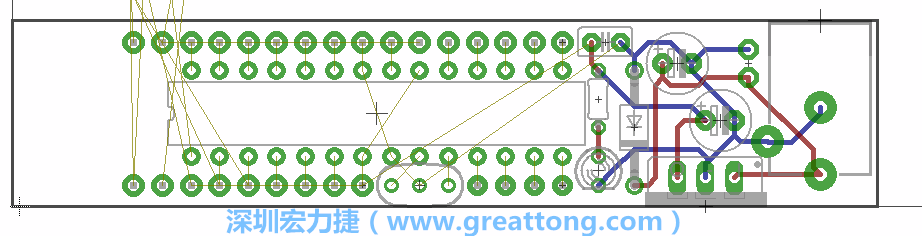 將ATmega微控制器、三個GPIO排針（JP2, JP3, JP4）和諧振器（resonator）排置如上圖所示。