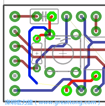 要在電路板正面進(jìn)行+5V信號線連結(jié)和其他連結(jié)點的布線工作是非常容易的，而重置信號線（信號線用來連結(jié)電路板正面左邊的重置開關(guān)）需要經(jīng)過一個可以通過電路板正反兩面的電路通道，這個通道是一個可以讓電路板正反兩面線路連接的一個小孔。