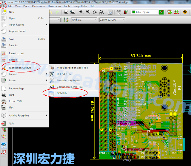 在Kicad的PCB Editor, 點選 File->Fabrication Outputs->BOM File, 即可產(chǎn)生一個 .csv 的Excel 檔案。