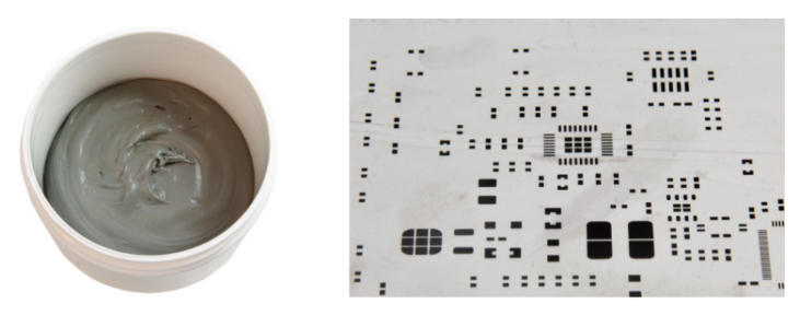 焊膏（左），PCB模板激光切割孔（右）